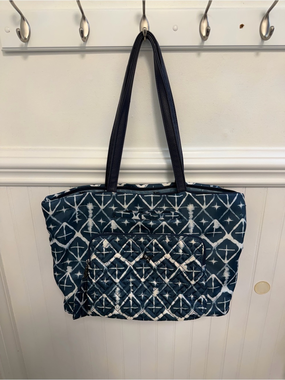 lug Navy and White Quilted Geometric Tote with Black Straps